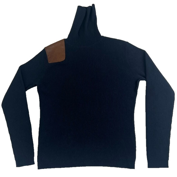Ralph Lauren Sweater Womens Large Cashmere Leather Shoulder Patch Turtle Neck - Picture 1 of 8
